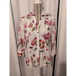 Harve Benard Multicolor Floral ‎ Linen Blend Button Up Shirt Top Womens L